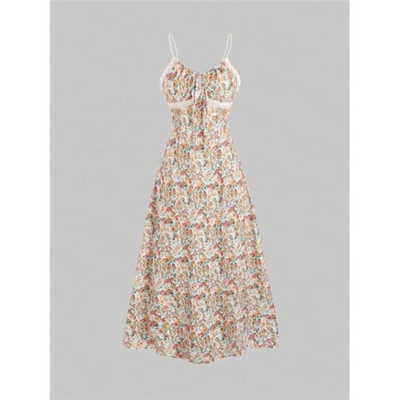 Variété Boutique Dresses & Skirts - Vintage Style Floral Print Lace Patchwork Spaghetti Strap Dress